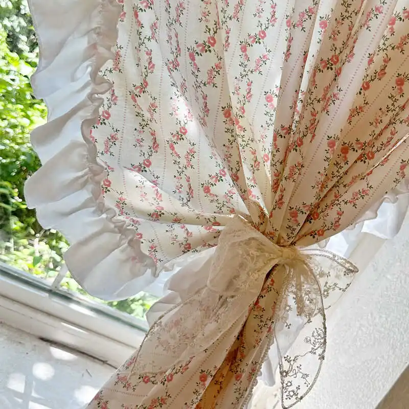 Printed Cotton Curtain Pastoral Floral Partition Half Curtain Blind Door Curtain French Style Fresh and Elegant Room Decoration
