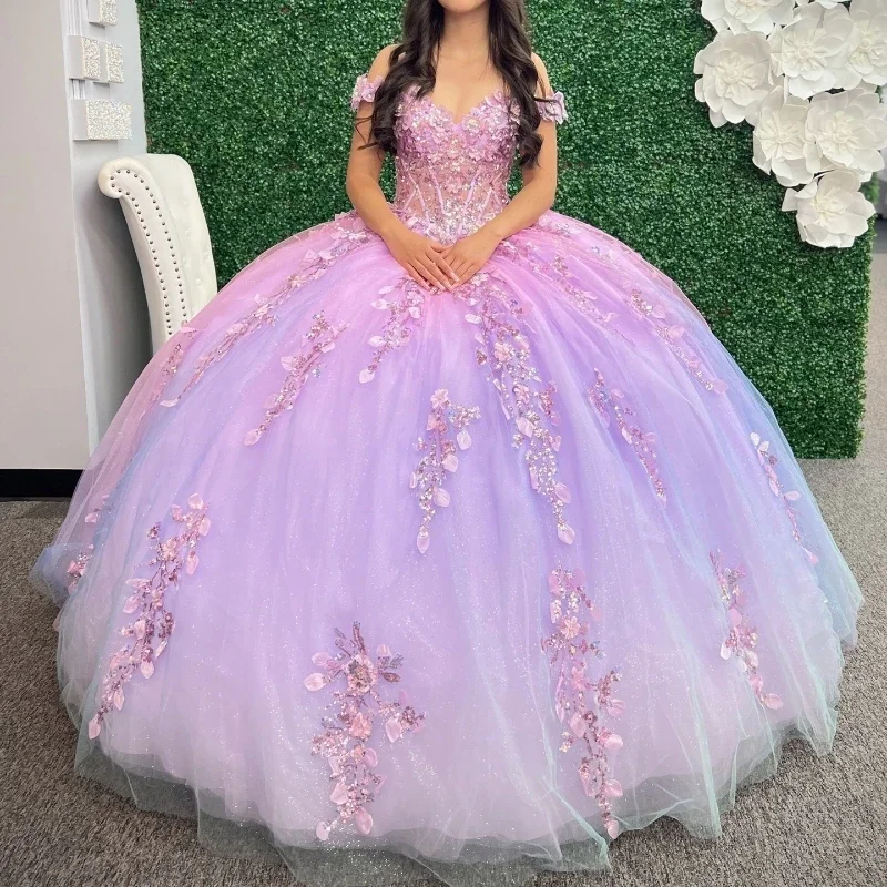 Shinning Illusion Princess Lilac Quinceanera Dresses Pretty 3D Floral Beads Off-Shoulder Tull Corset Girls Lace-Up Ball Gown