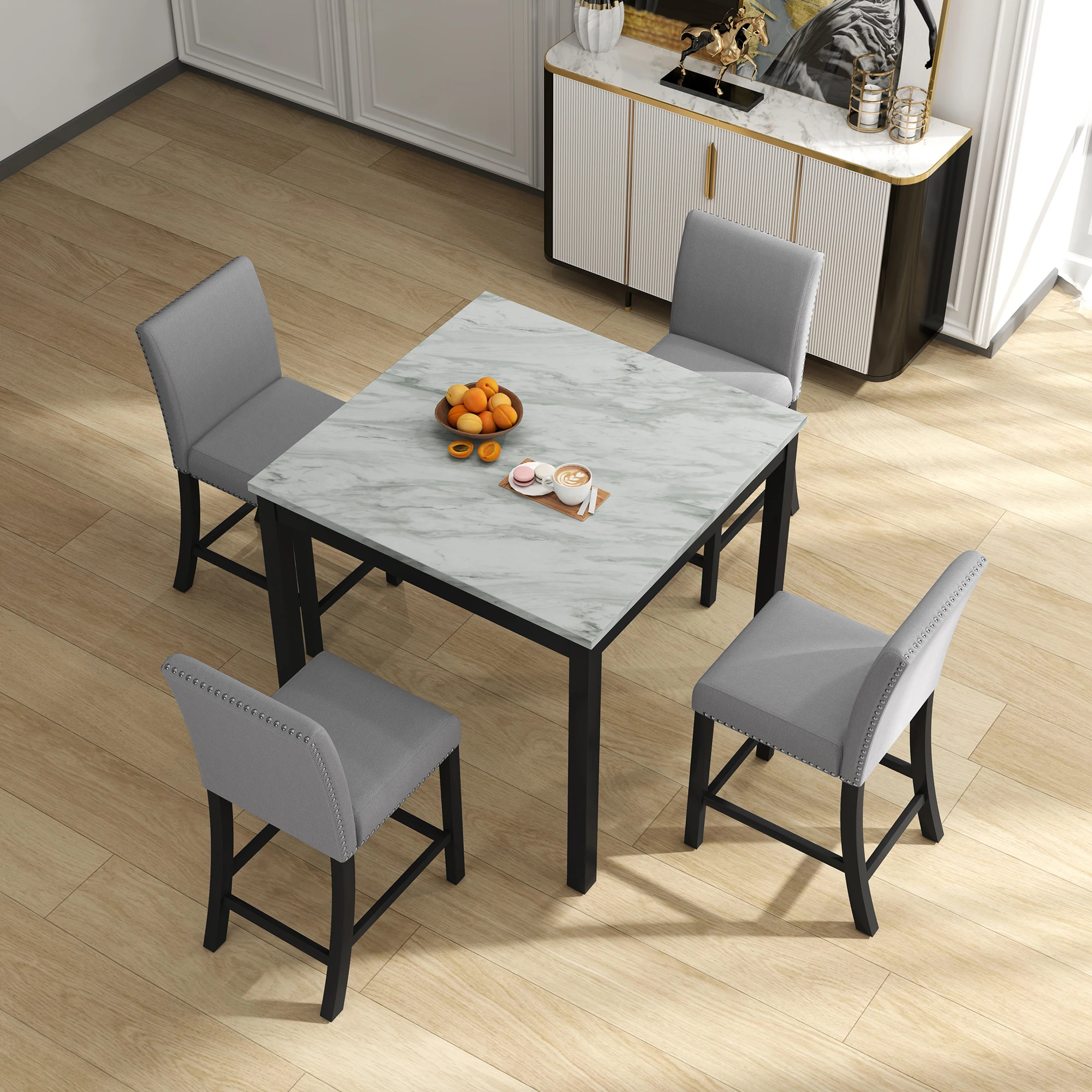 5-częściowy zestaw stołów do jadalni, drewniany kwadratowy stół z 4 krzesłami Nowoczesny kompaktowy zestaw do jadalni z połowy stulecia na małą przestrzeń