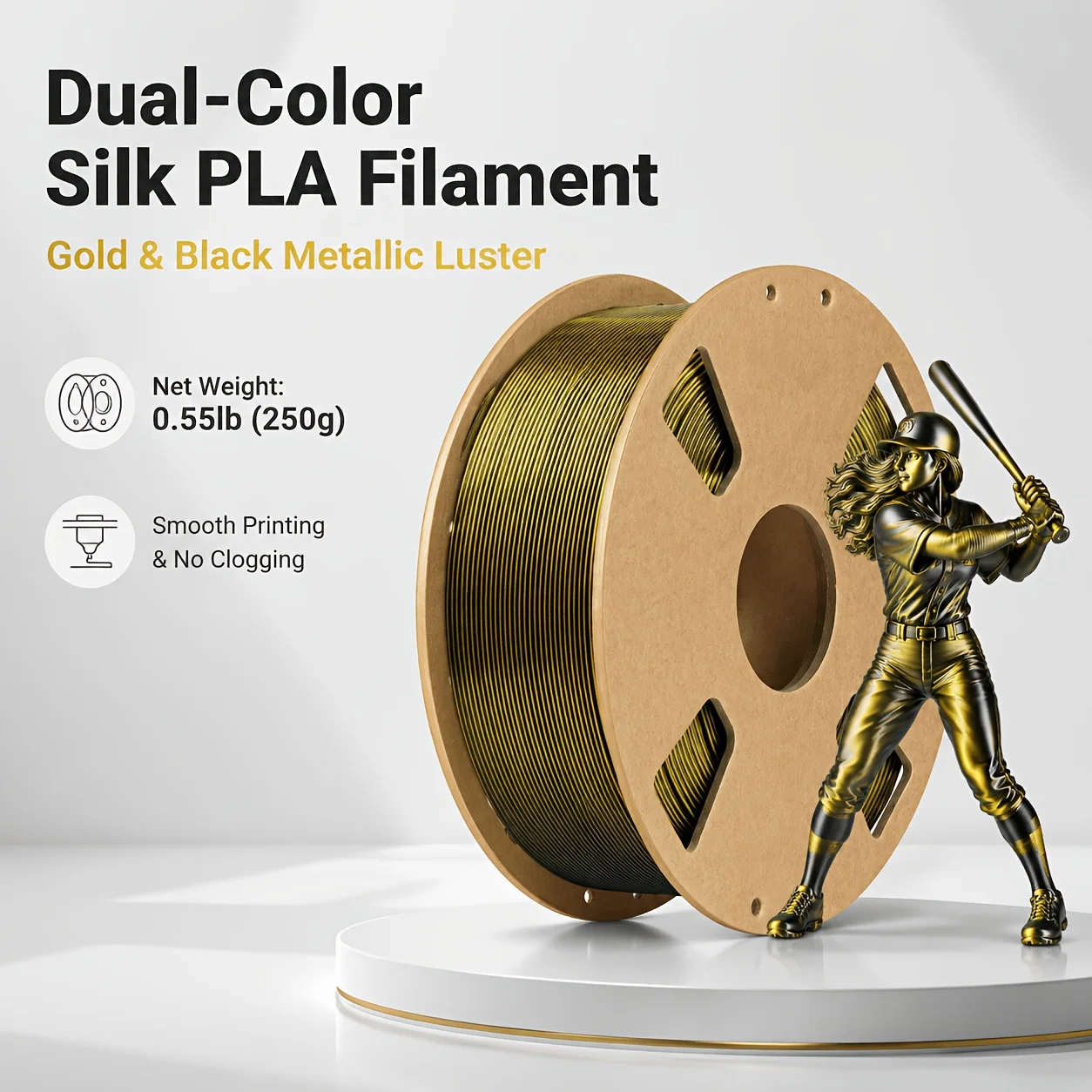 Dual-Color Silk PLA Filament for 3D Printers, 1.75mm, 200/250/500/1000g, Black-Gold / Black-Green Dual Color