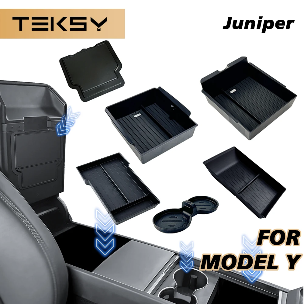 TEKSY 1/2/3/4/6/7/8pcs For Tesla New Model Y 2025 Launch Juniper ABS with Silicone Non-slip Mat Console & Armrest Storage Box