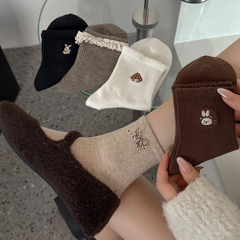Women Cotton Crew Socks, Cute Rabbit Embroidery Lace Ruffle Bow Design, Soft Breathable All‑Season Casual Socks