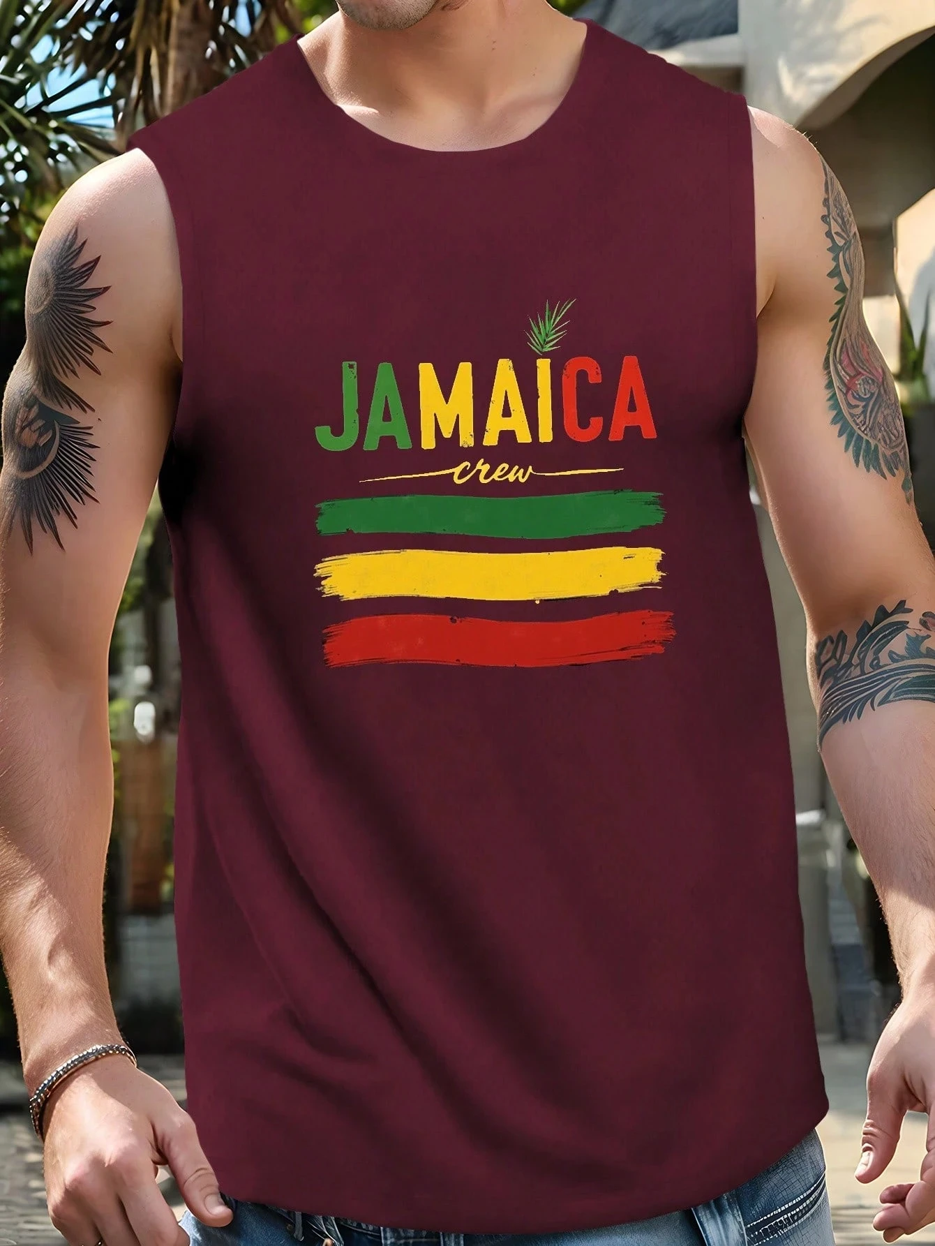 JAMAICA طاقم طباعة الرجال تانك القمم عادية أكمام رياضي تانك القمم تنفس مريح الرجال تي شيرت المتضخم ملابس للرجال