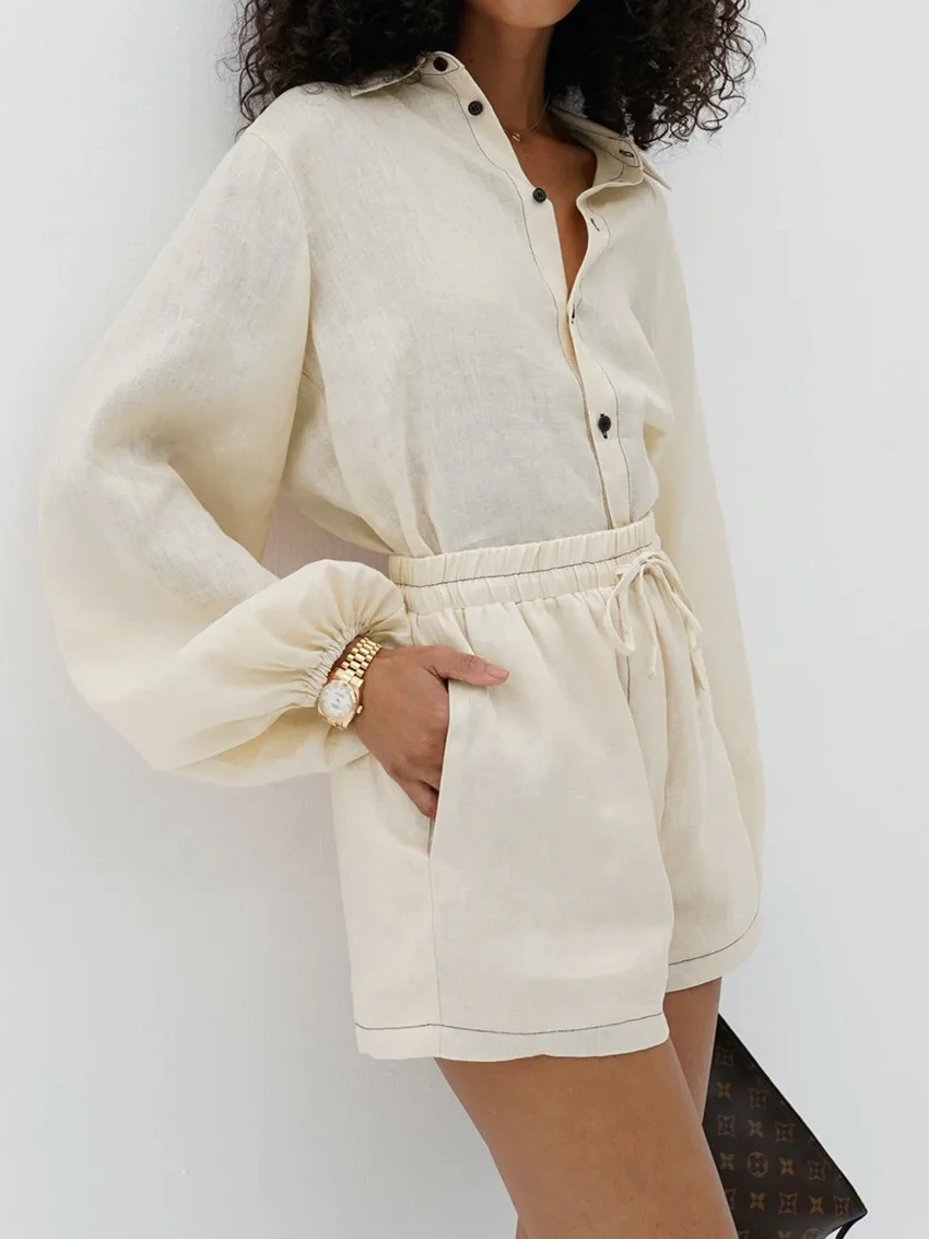 Marthaqiqi-terno de algodão para mulheres, camisolas de manga comprida, gola virada para baixo, shorts de pijama casual feminino, conjunto de 2 peças