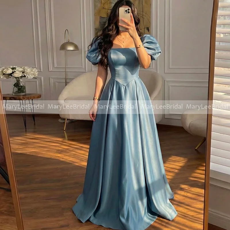 

Платья для подружек невесты А-силуэта цвета пыльно-голубого с короткими пышными рукавами, длинные, с завышенной талией, для свадебных вечеринок, на заказ