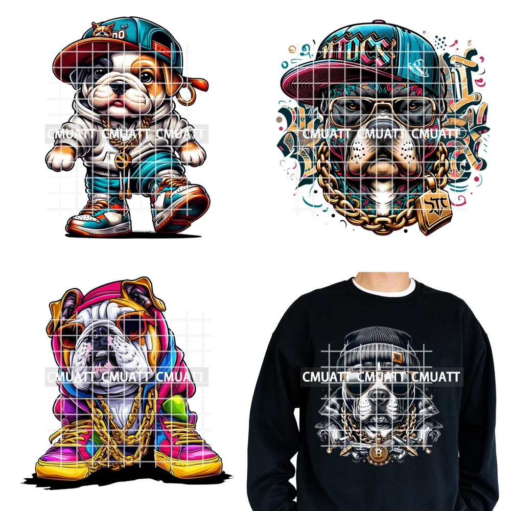 12in Urban King Vibes Rich Cool Cartoon Bulldog Hip Hop Man تصميمات حديد على ملصقات نقل DTF جاهزة للضغط على الملابس