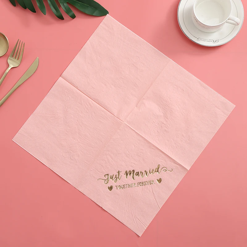 Personalized Just Married Wedding Napkins（16pcs）Rehearsal Dinner Engagement Party Custom Bar Napkins Pink Blue Fol Gold Color