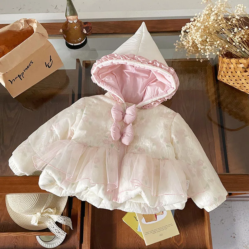 Autumn Winter Fashion Warm Bow Mesh Splicing Thickened Jacket Korean Children's Cotton Top Girls' Velvet Hooded Coat 2025