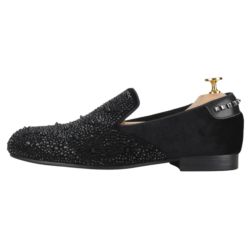 Piergitar Black Velvet With Handmade Crystals And Spikes Men's Loafers PP Same Design Slip-On Flats Stylish Purple Satin Lining