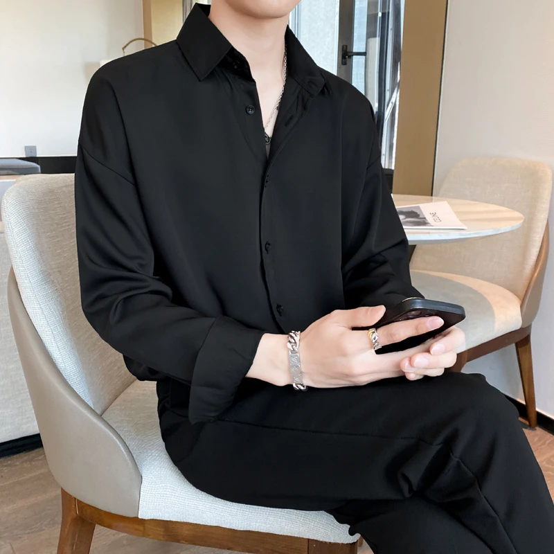 

Premium Ice Silk Long Sleeve Men's Casual Shirt Draped Loose Fit Black Korean Style Versatile Fashionable Youth Shirt