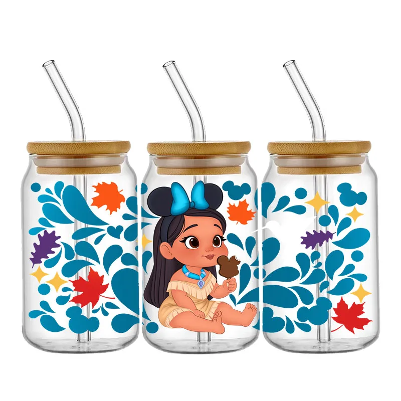 Princess 16oz Libbey Glass Can UV DTF Wrap DIY Libbey Glass Can UV DTF Transfer Senior 3D Sticker Winnie Bear