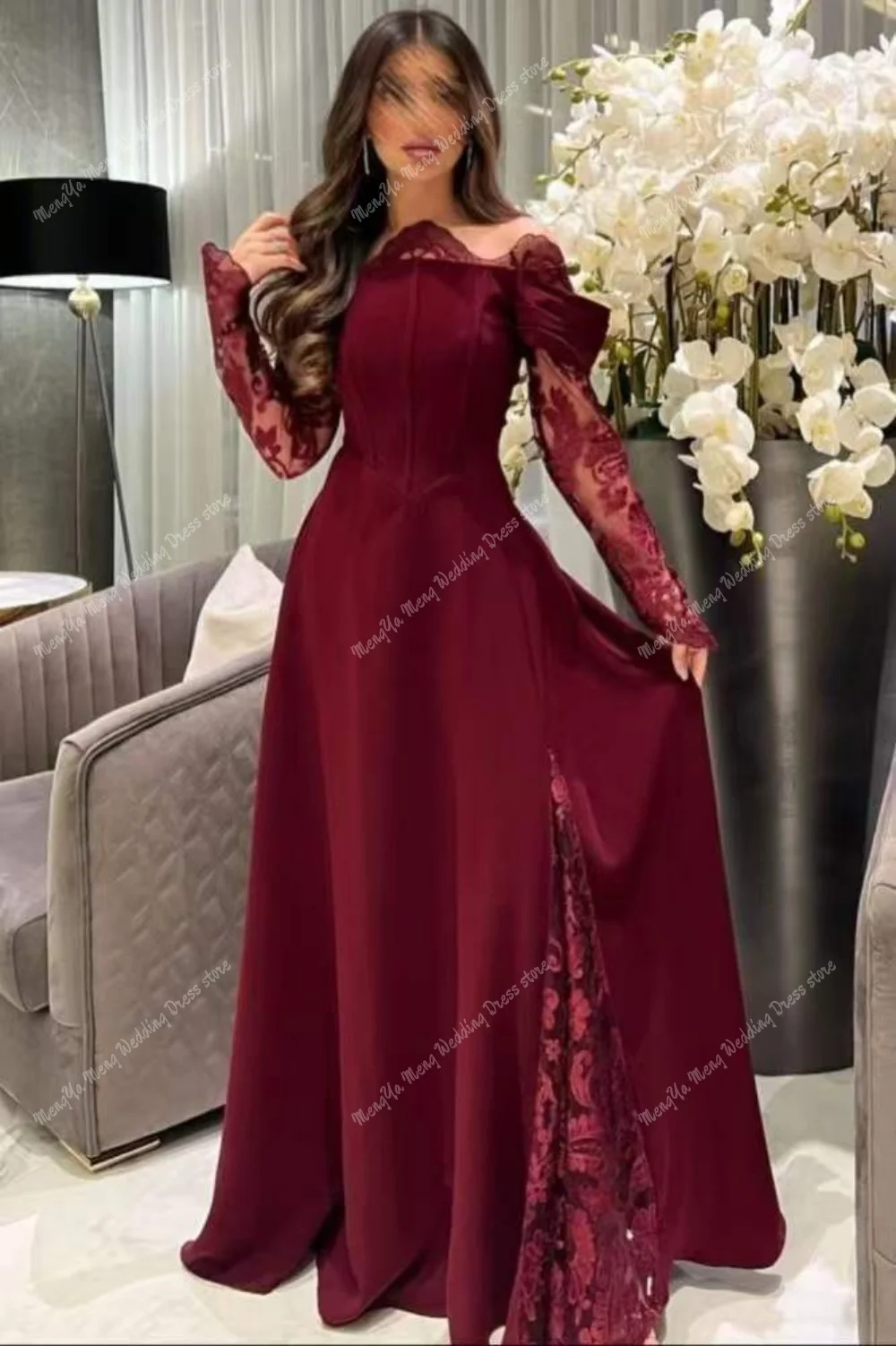ZHUISHU Exquisite Off the Shoulder Burgundy Lace Evening Dresses Delicate Long Sleeves Party Dress Cocktail Dress Customized
