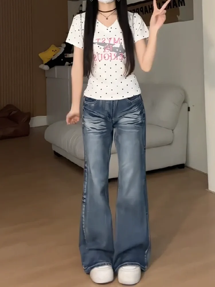 Sweet Cool Spicy Girl American Washed Vintage Flared Jeans Women Summer New Loose Slim Straight Leg Wide Leg Pants