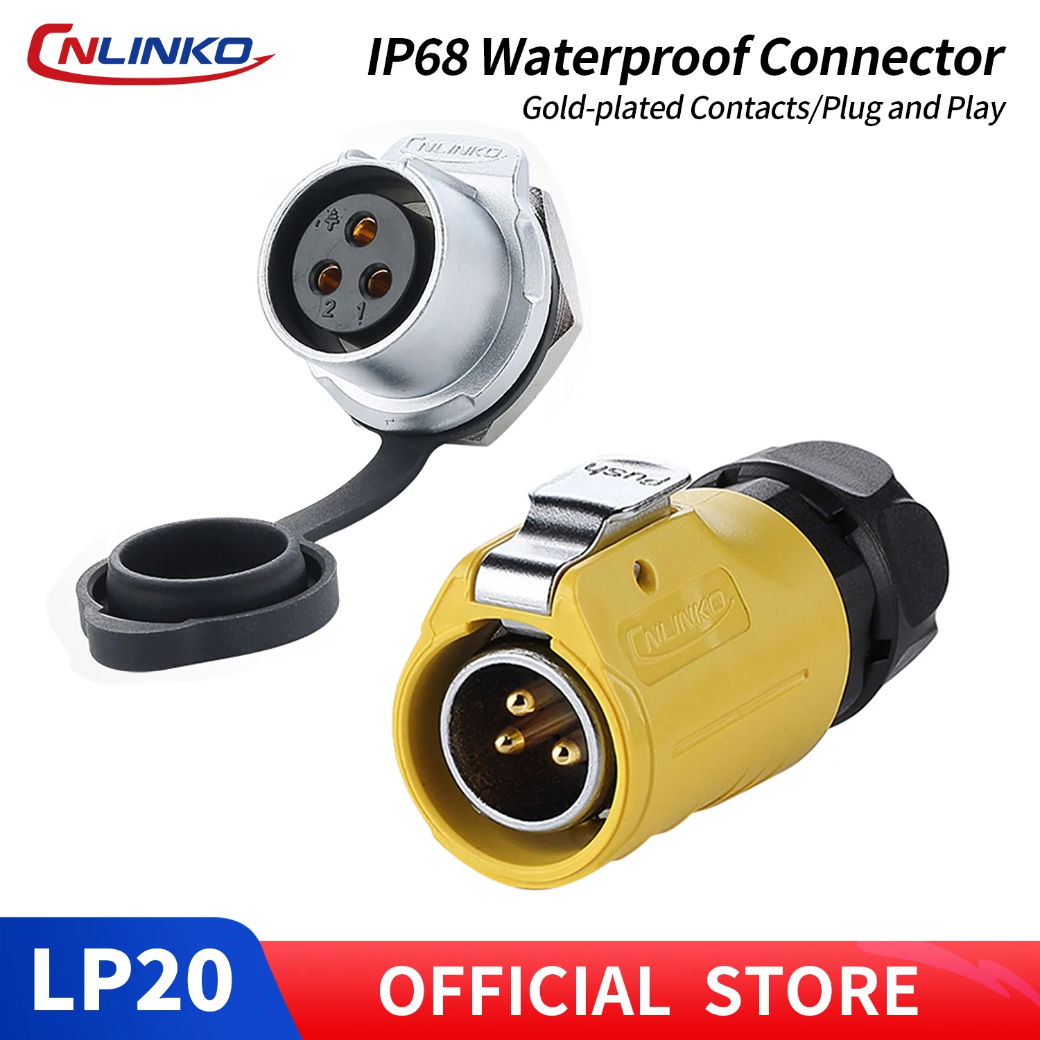 CNLINKO M20 IP68 Circular 2/3Pin Solder Type Connector Male/Female Set 500V/20A for Industrial Automation, Marine & LED Lighting