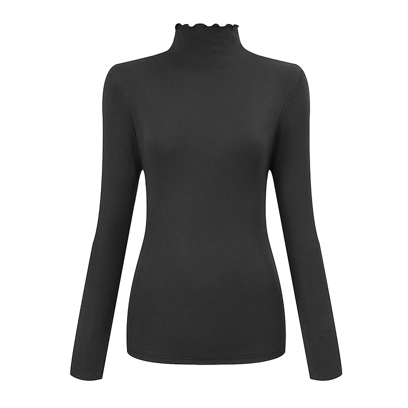 1/3 Stück Herbst- und Winter-Damen-Oberteil in Übergröße 1XL-5XL, warmes, hochgeschlossenes Oberteil, bequemes, langärmliges, schwarzes Basic-Shirt mit Rüschenkante – Detail 10
