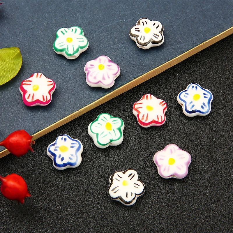 2Pc Hand-Painted Colorful Cherry Blossom Straight Hole Ceramic Loose Beads For DIY Bracelet Necklace Beaded Chain Accessories