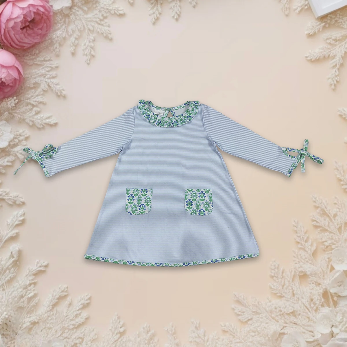 

Hot Sale Baby Girl Dress Stripes Green Flowers Long Sleeve Ruffle Knee Length Dresses Toddler Clothes Kids Clothing Fashion Wear