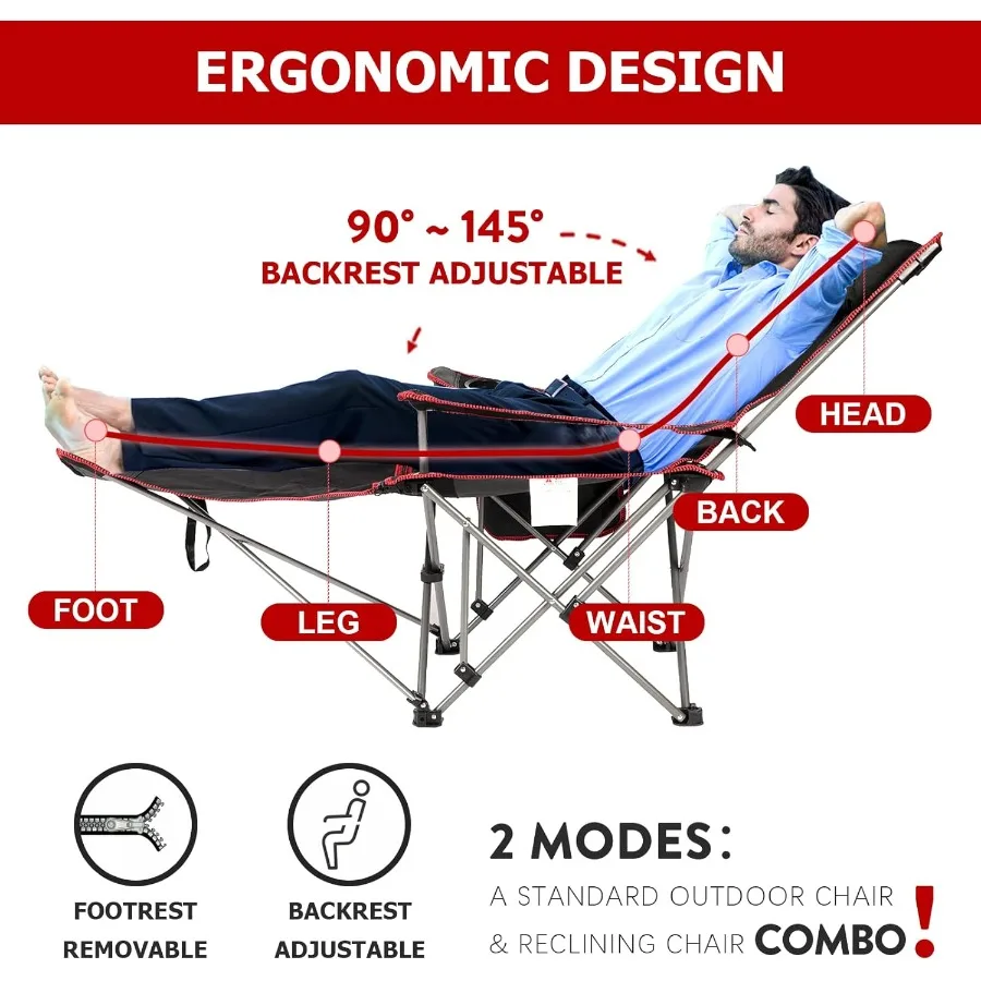 كرسي تخييم قابل للإزالة بمسند للقدمين، عبوة واحدة باللون الأسود مثالي للمغامرات الخارجية والنزهات والاسترخاء في الشاطئ أو Pa