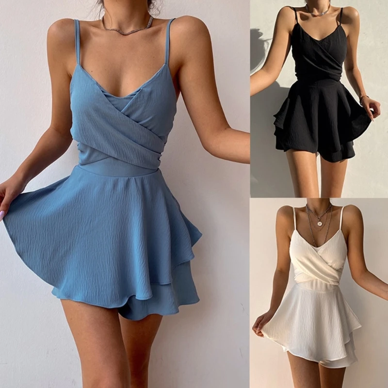 Backless Sleeveless Sexy Dress Solid Color Spaghetti Straps Falbalas Hem Skirts V-Neck Cross-Criss Breast Cami Cloth