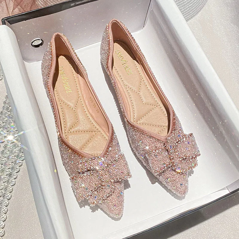 Classic rhinestone casual single shoe women\'s summer 2024 new full diamond ladies pointed shallow mouth large flat shoes 41-43