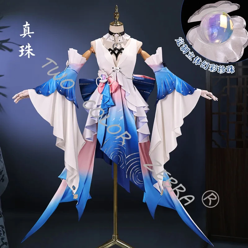 Disfraz de Cosplay de Pearl del Juego Honkai: Star Rail para Mujer, Vestido Azul Degradado con Volantes, Peluca, Conjunto Completo para Halloween Cw.3;v'6b/