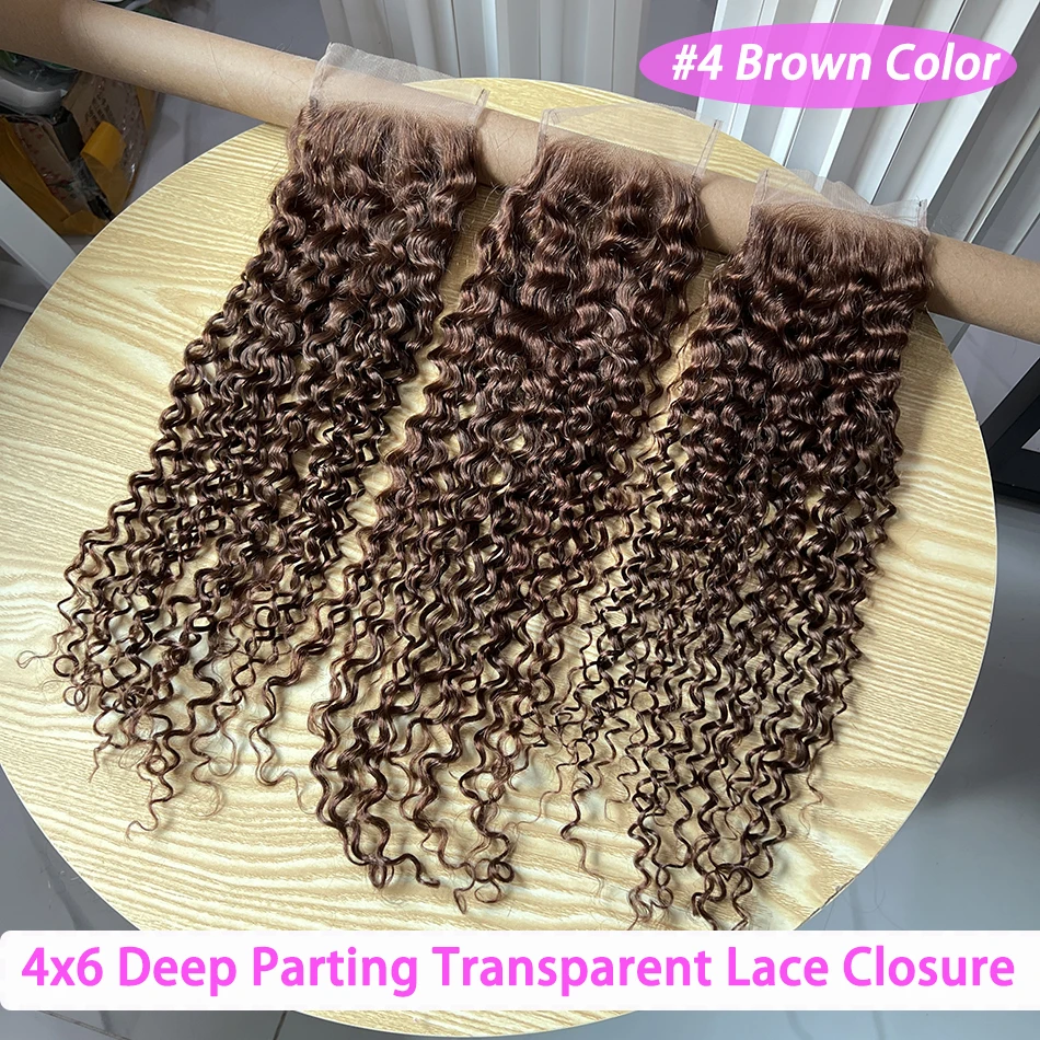 #4 Brown Color Deep Curly 4x6 Inch Transparent Lace Closure Human Hair Bleached Knots Invisible Lace Closure Raw Hair For Women