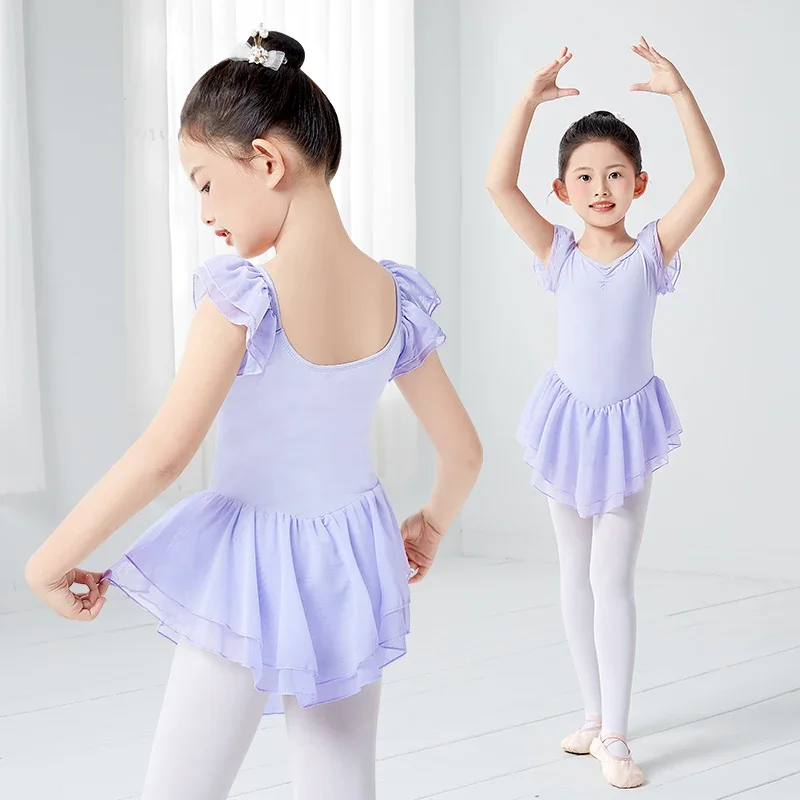 Meisjes Balletmaillots Jurk Ballet Dans 2 Lagen Mesh Rokken Met Ruche Mouwen Skate Danskostuums Katoenen Gymnastiek Badkleding