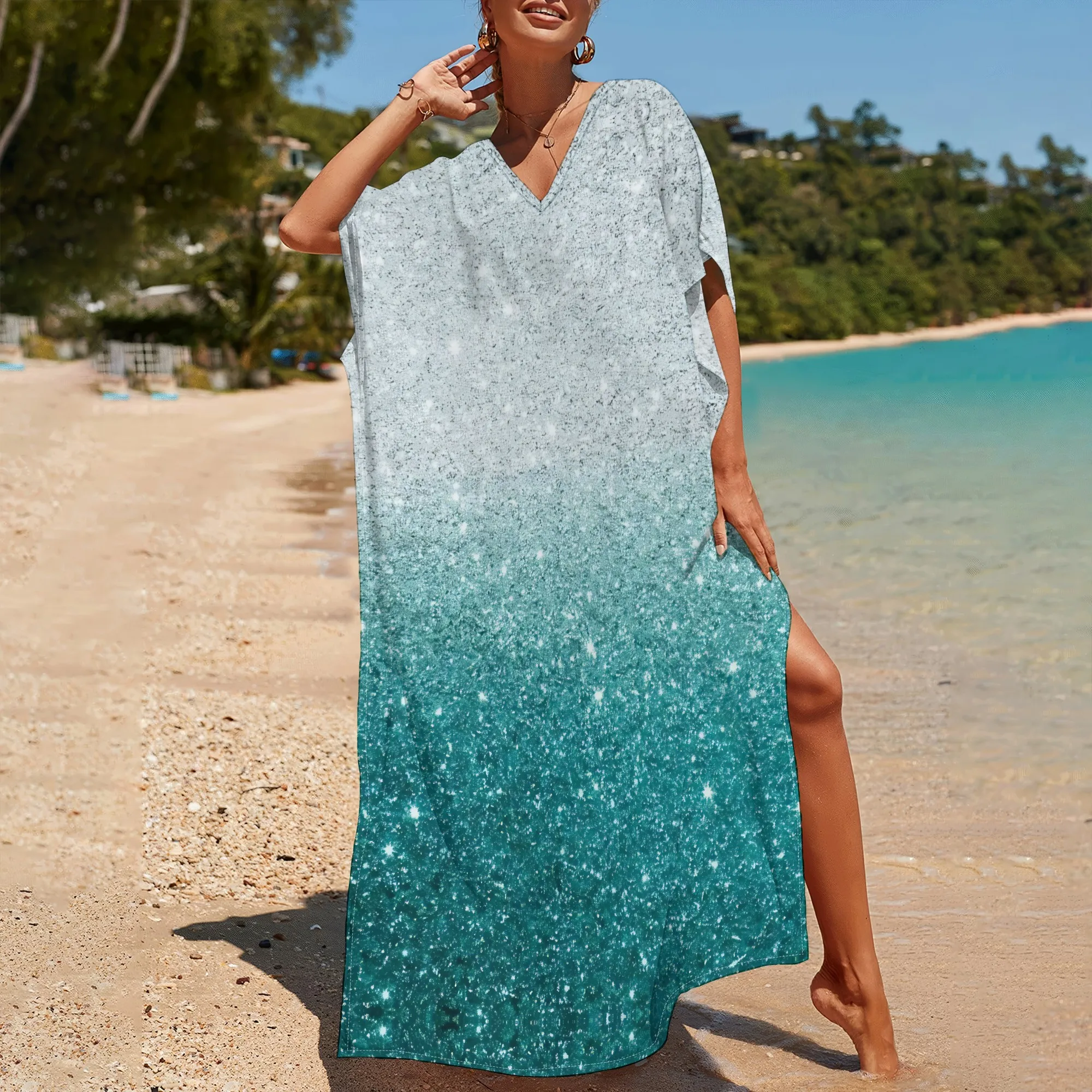 

Nupusa Glitter Ombre Print Summer Kaftan Dress for Women V Neck Short Sleeve Casual Split Maxi Dress