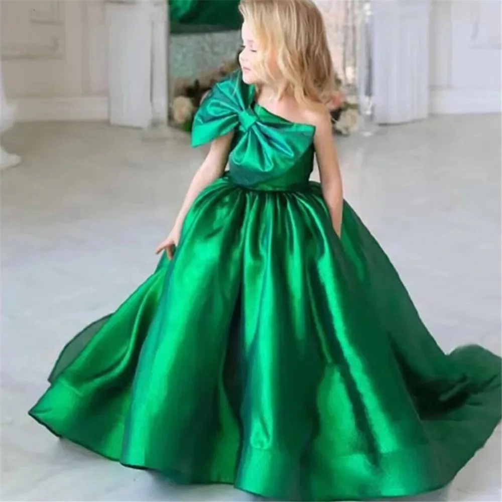 

White Satin Flower Girl Dress For Wedding Off Shoulder Applique Beading Elegant Birthday GIFT Pageant First Communion Gowns