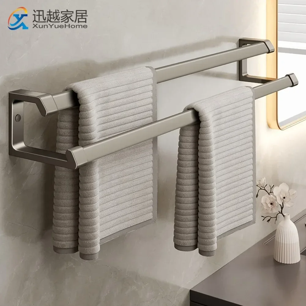 Gun Gray Space Aluminum Hand Towel Rack Folding Movable Bathroom Storage Wall Mounted Toilet Hangers Double Bars Bath Holder