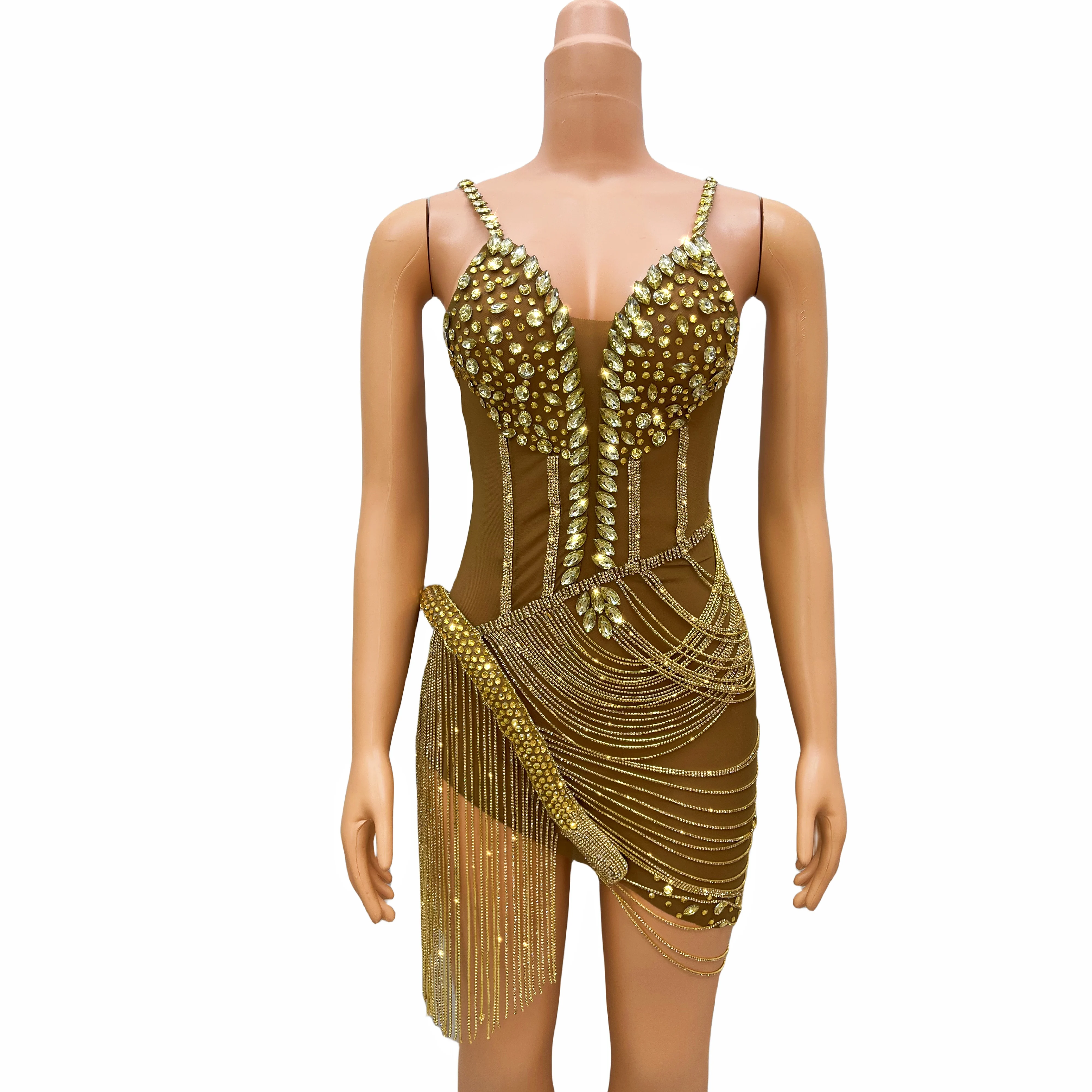 Vestido corto de lujo con diamantes de imitación brillantes para mujer, cadenas de cristal, tirantes sexys, traje de fiesta para espectáculo, disfraz de cantante Liehu