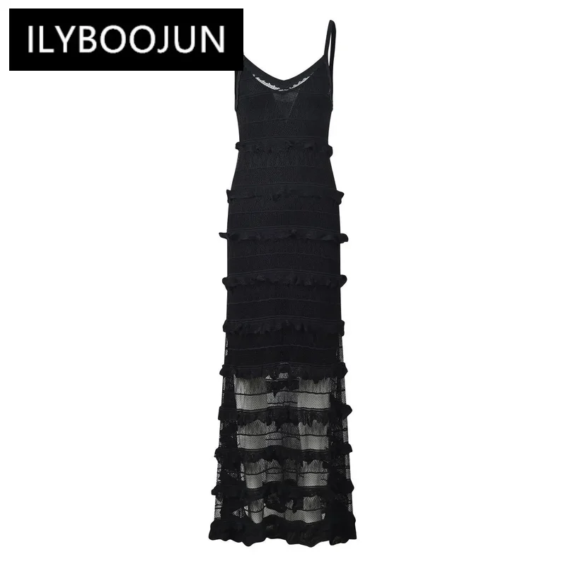 

Sexy See-through Lady Party Wear V-neckline Elegant Style Flounce Women Long Slip Dress Black