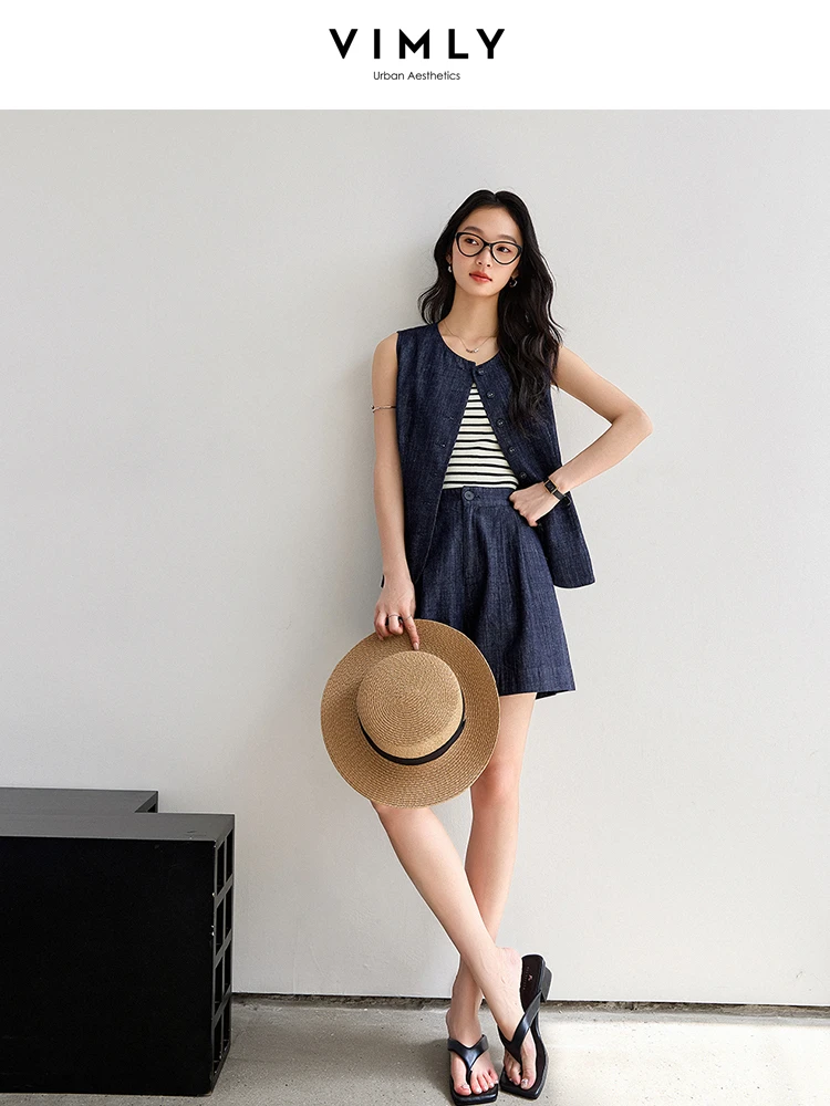 

VIMLY 2 Pieces Denim Shorts Sets Woman Outfits 2025 Summer Women's Suit 100% Cotton Denim Waistcoat + Elastic Waist Shorts M9767
