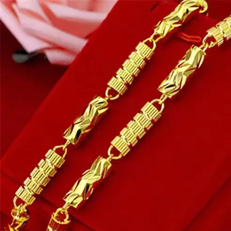 High quality neck jewelry 24K gold 999 mens hexagonal bamboo necklace AU750 chain human pulse luxury quality jewelry  8mm  60cm