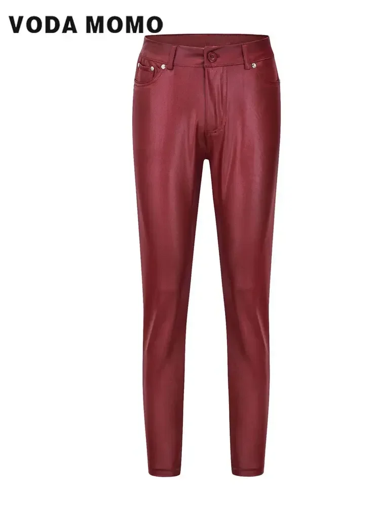 Women Elastic Solid Leggings Casual PU leather High Waist Stretch Close-fitting Trousers with Pockets Pencil Pants Streetwear
