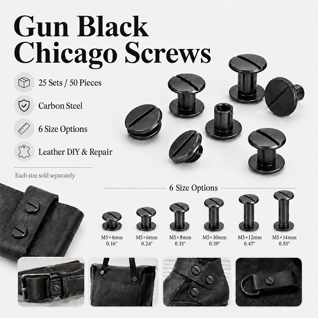 25 Sets of Black M5 Flat Head Groove Chicago Screws, Luggage Leather Solid Screws, Rivets, Hyperbolic Scalp with Rivets, Buttons