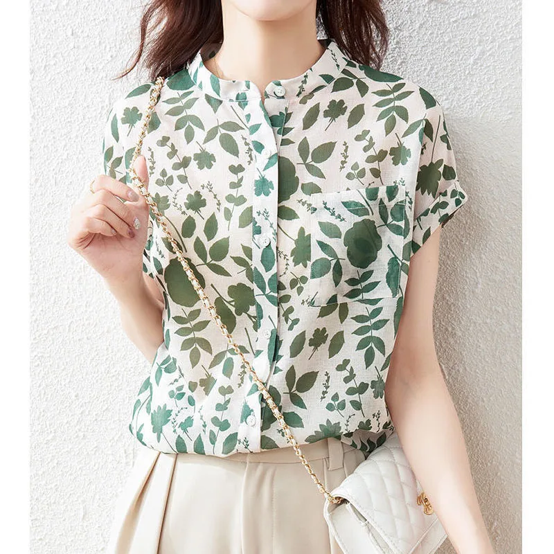 Elegant Fashion Round Neck Printed Blouse 2023 Women\'s Clothing Korean Casual Short Sleeve Lady Single-breasted Chiffon Shirt