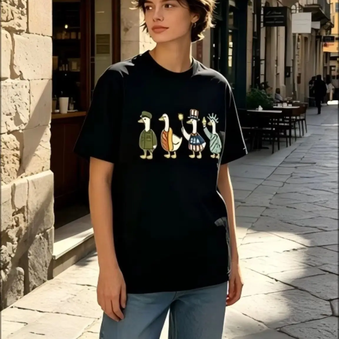 Funny Duck Graphic T‑Shirts, Cartoon Duck Animal Print Casual Top, Unisex Humor Slogan Tee, Family Matching Outfit Fashion Gift