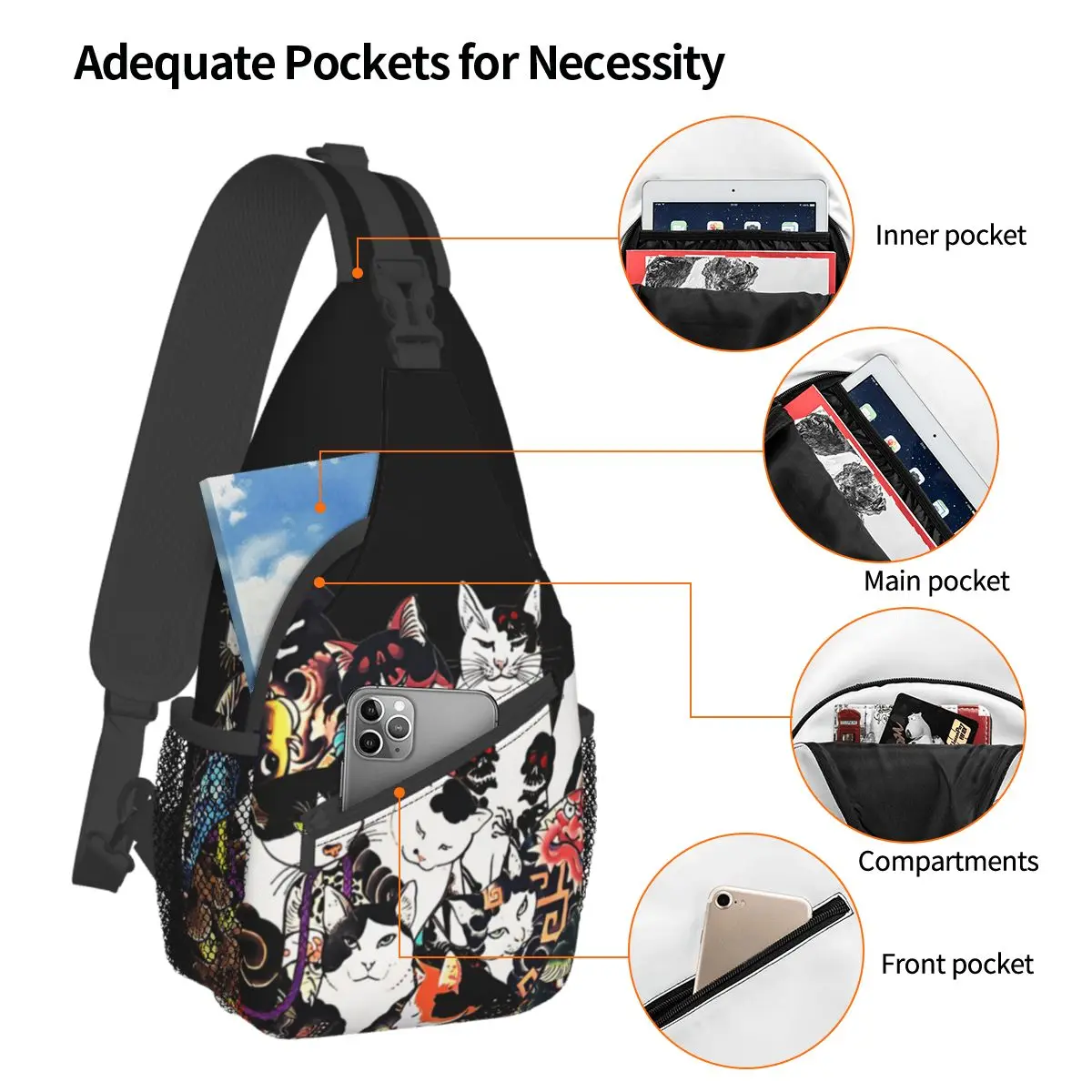 Impressões japonesas Xilogravura Gatos Tatuagens Crossbody Peito Sacos Arte Tatuagem Bolsos Travel Pack Mensageiro Esportes Adolescentes Bolsa de Ombro