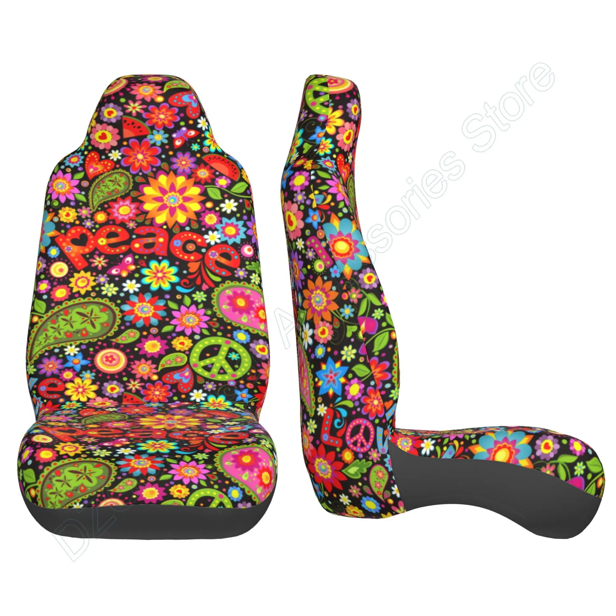 Hippie Colorful Floral Car Seat Covers Set 2 Pcs Auto Interior Car Accessories Protetors Car Mat Covers Vehicle