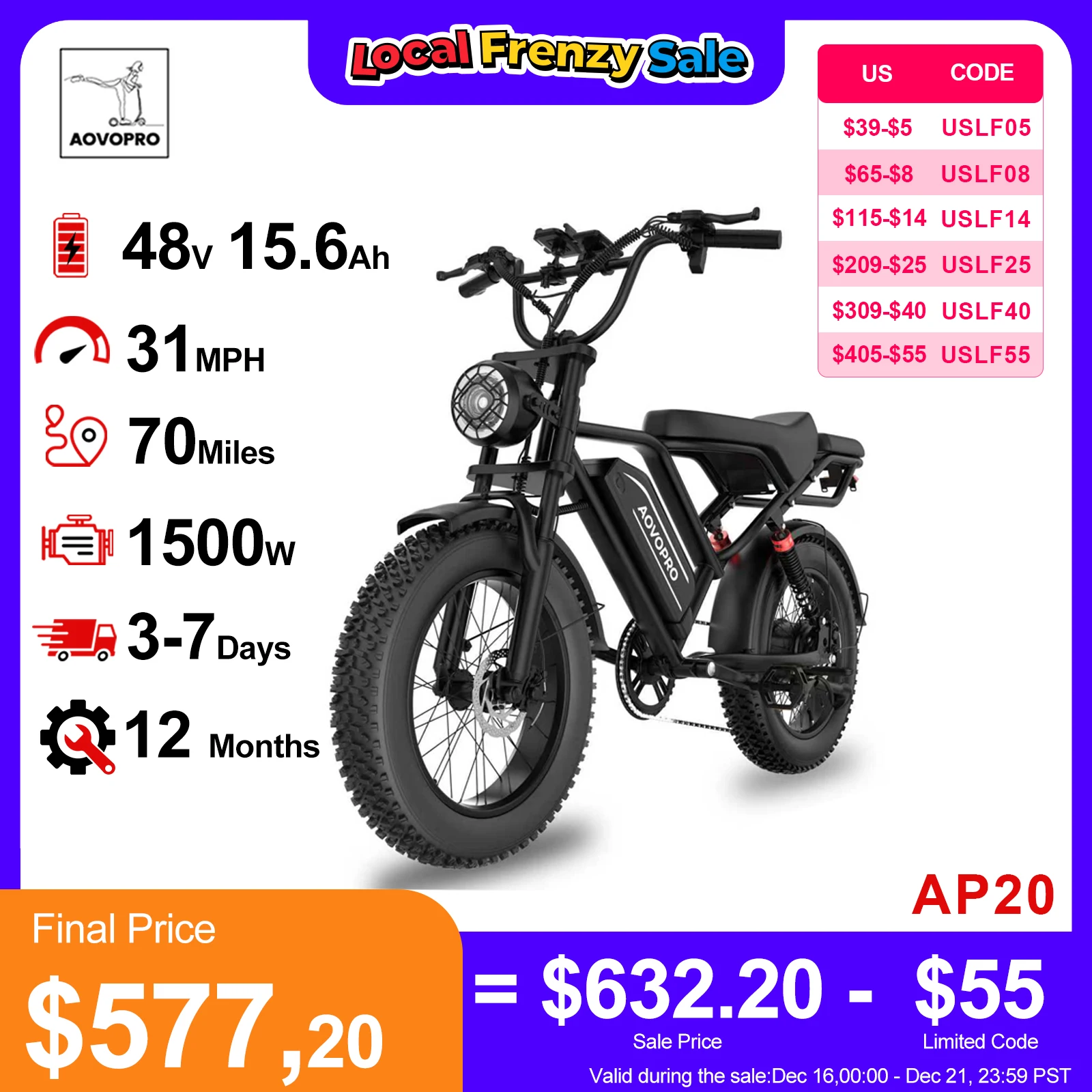 

AOVOPRO AP20 Electric Bike 1500W 20" Fat Tire 31mph Top Speed 70 Miles Range for Road Sand Mountain Snow Electric Motorcycle