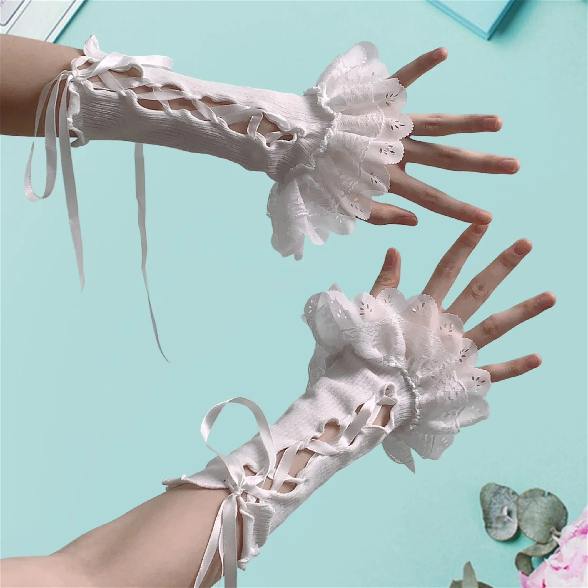 여성 레이스 핑거리스 장갑 Bowknot 디테일 짧은 팔 워머 슬리브 로리타 코스프레 의상 액세서리