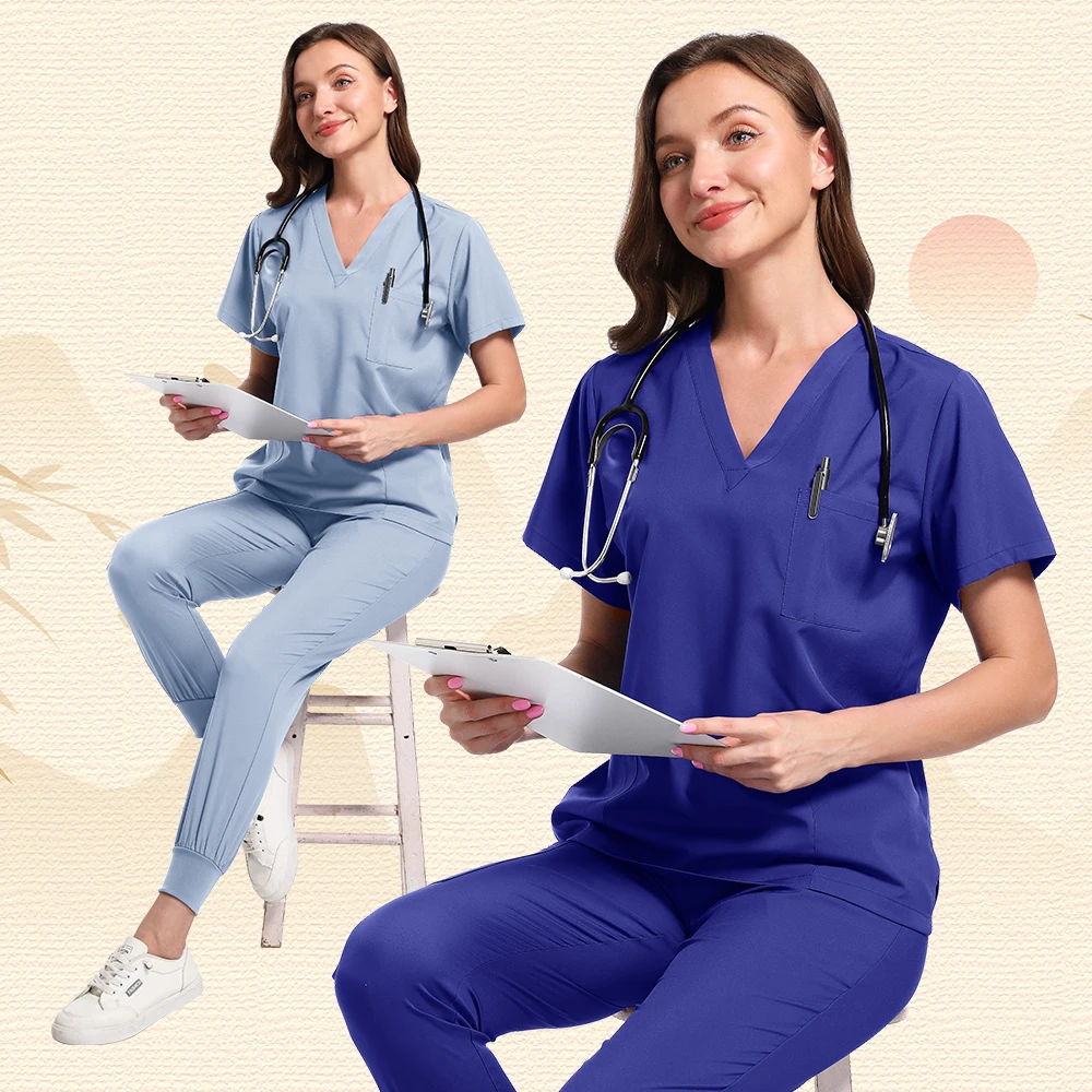 

Fashion Slim Tops+Jogger Pants Beauty Uniforms Elastic Breathable Soft Medical Workwear Nurse Accessories Lab Overalls Scrub Set