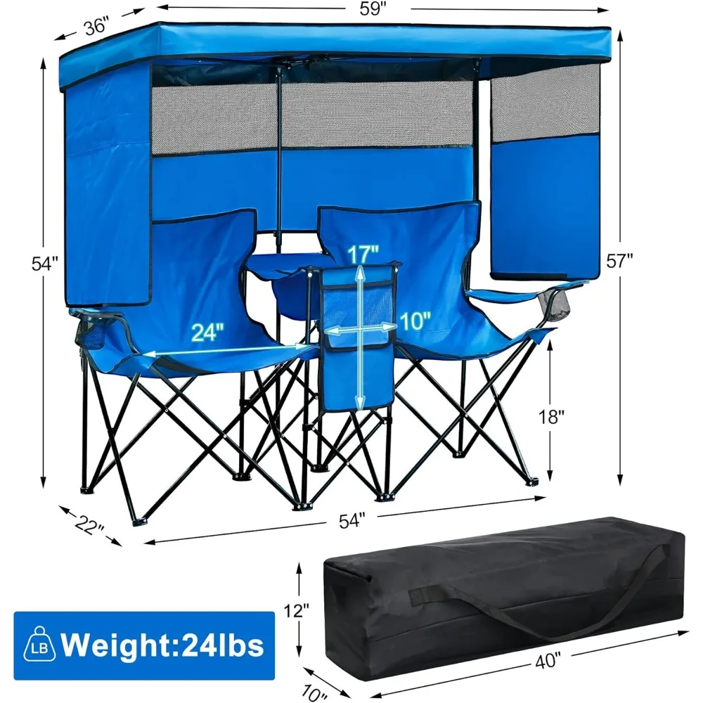 Double Camping Chair with Canopy Shade Beach Chairs Cup Holder Heavy Duty Folding Loveseat for Outside Lawn Patio Folding chair