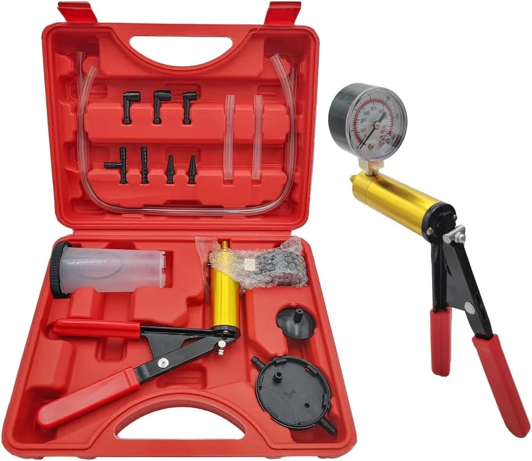 2 in1 Brake Bleeder Kit with Hand Held Vacuum Pump Tester with Gauge Adapters for Car Motorcycle One-Man Brake Bleeding System