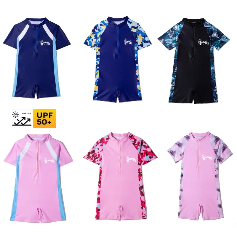

One-piece Short-sleeve Student Children's Swimwear Teenage Boy Shorts Swimsuit Baby Girl Boy Quick-drying Conservative Surf Suit