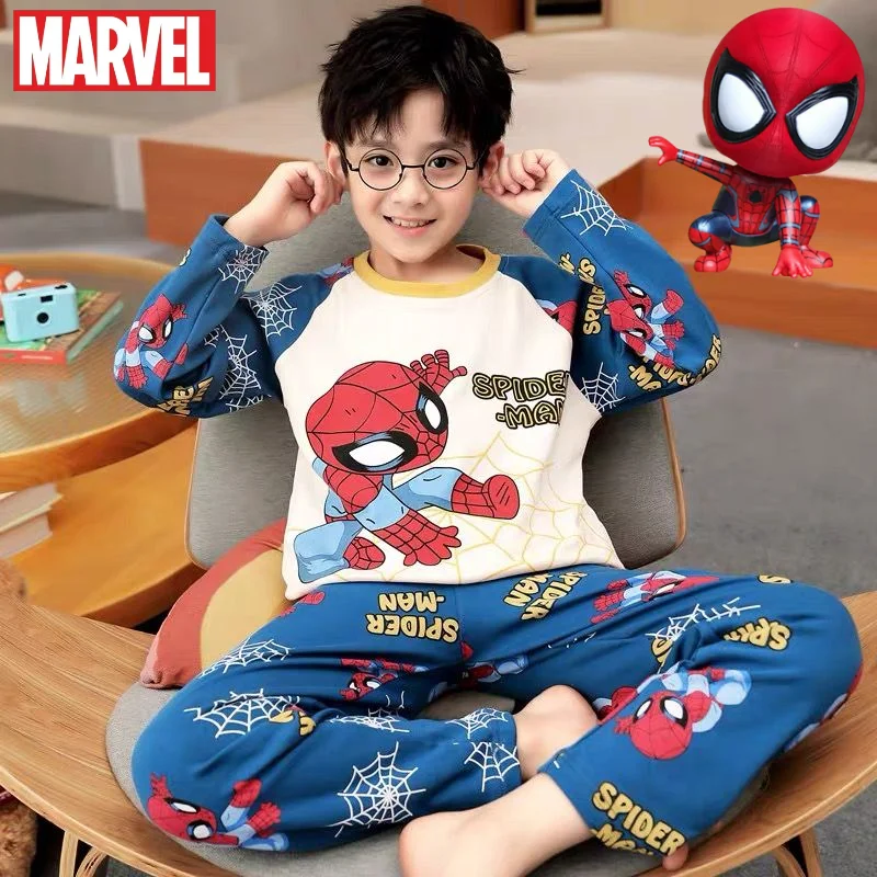 Anime Marvel Spiderman Children's Spring and Autumn New Cute Creative Cartoon Pattern Long Sleeve Pants Pajamas Loungewear Set