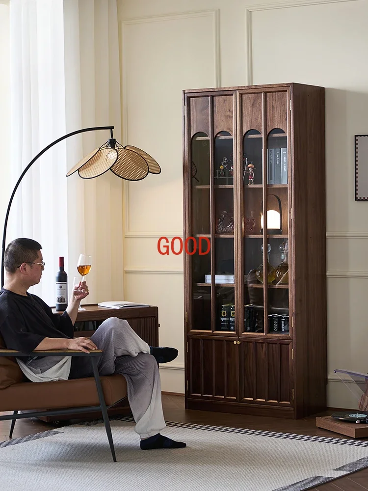 

Solid Wood Vintage Bookcase Black Walnut Middle Ancient Glass Door Display Cabinet Living Room Wine Cabinet Study Storage