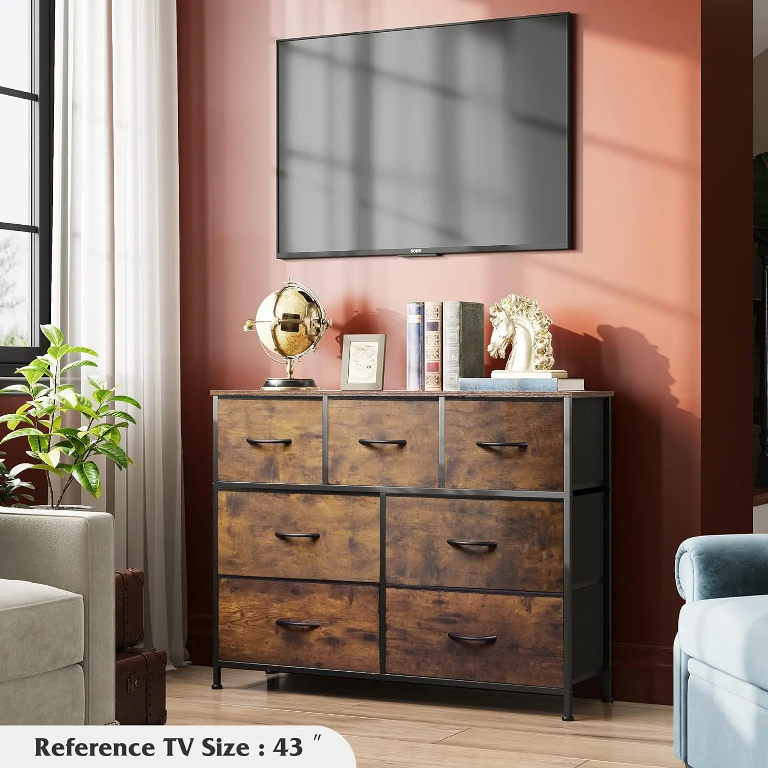 Dresser TV Stand, Entertainment Center w/ Fabric Chest of Drawers, Media Console Table with Metal Frame & Wood Top ,Rustic Brown