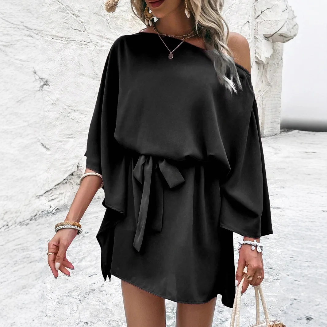 

2026 Spring Ladies New European and American Fashionable and Comfortable Women's Satin Off-Shoulder Satin Dress